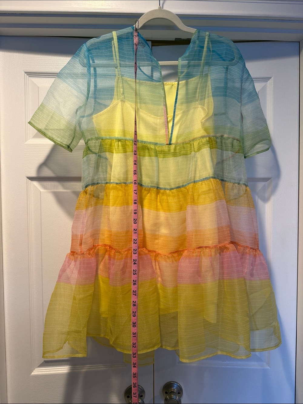 STAUD Rainbow Tiered Mini Dress — Blue Green Yellow Orange Pink - Picture 5 of 6